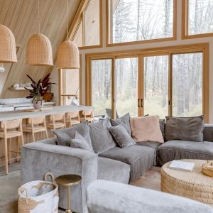 WIHM Design a frame home interior design with grey couch and wood features